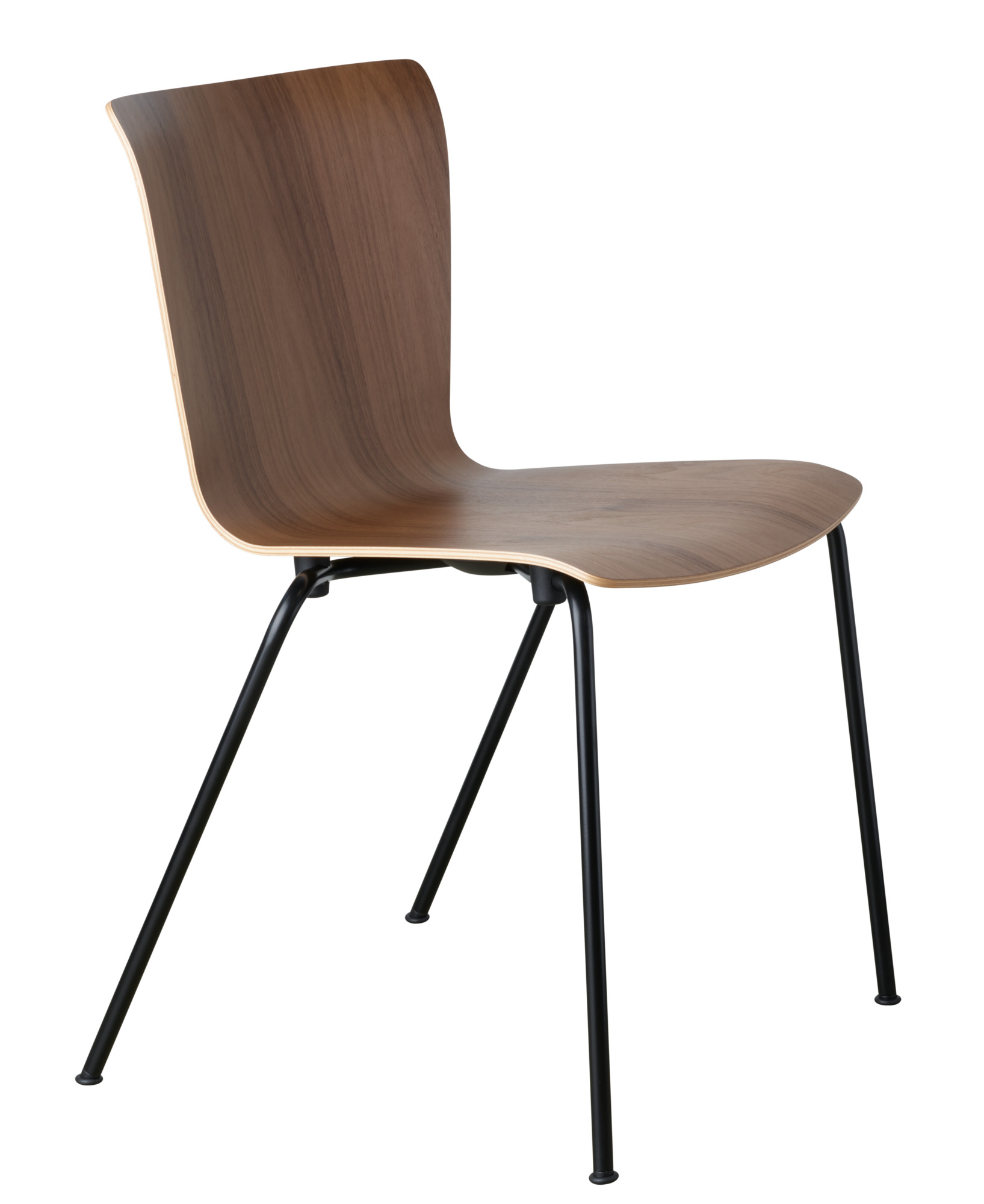 Vico Stuhl von Fritz Hansen mit Holzschale und schwarzem Metallgestell, Ansicht von vorn.