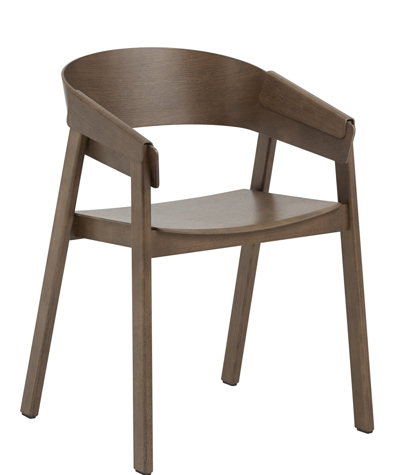 Muuto Cover Chair Stuhl aus Holz, braun, mit abgerundeter Rückenlehne und Armlehnen.