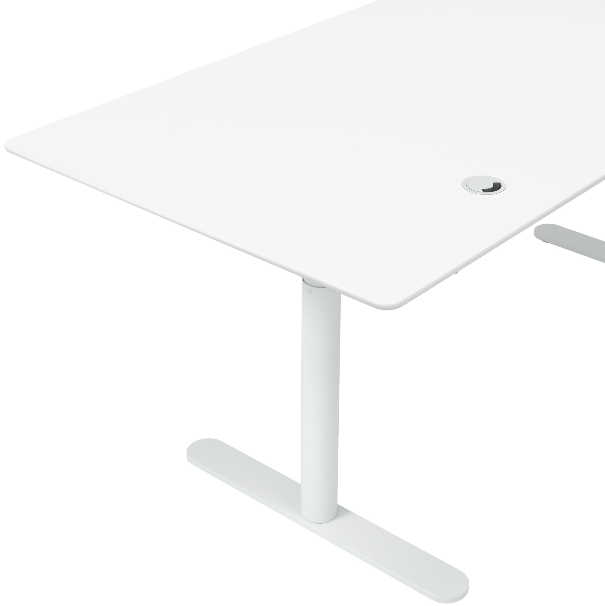 Weißer Hilow Tisch mit höhenverstellbarem Gestell und Kabeldurchlass für ergonomisches Arbeiten im Büro.