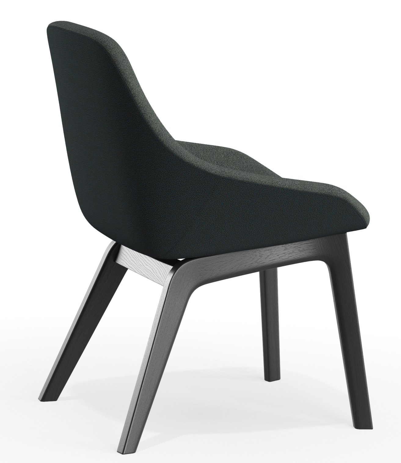 Morph Dining Chair Stuhl Zeitraum, Ansicht von hinten, mit anthrazitfarbenem Stoffbezug und dunklem Holzgestell.