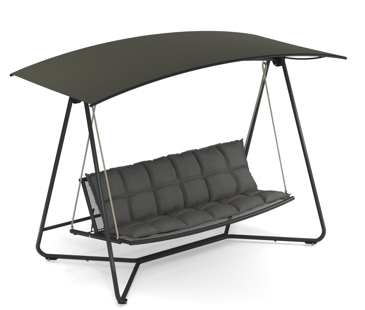 Reel Rocking Sofa: Elegante Outdoor Schaukelsofa mit Sonnendach und bequemen grauen Kissen.