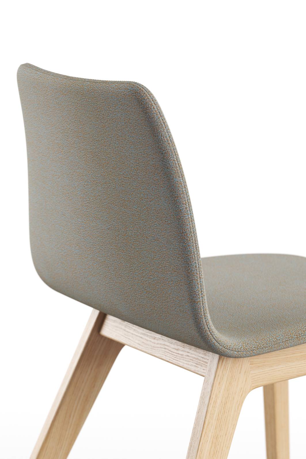 Detailansicht: Morph Plus Stuhl mit Holzgestell und grauer Vollpolsterung, bequemer Sitzkomfort.
