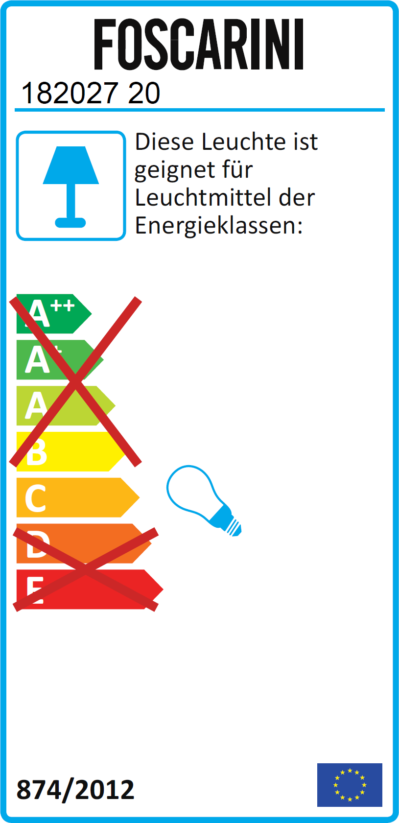 Energielabel für Foscarini Leuchten: Energieeffizienzklassen und Eignung für verschiedene Leuchtmittel, zur Information für Verbraucher.