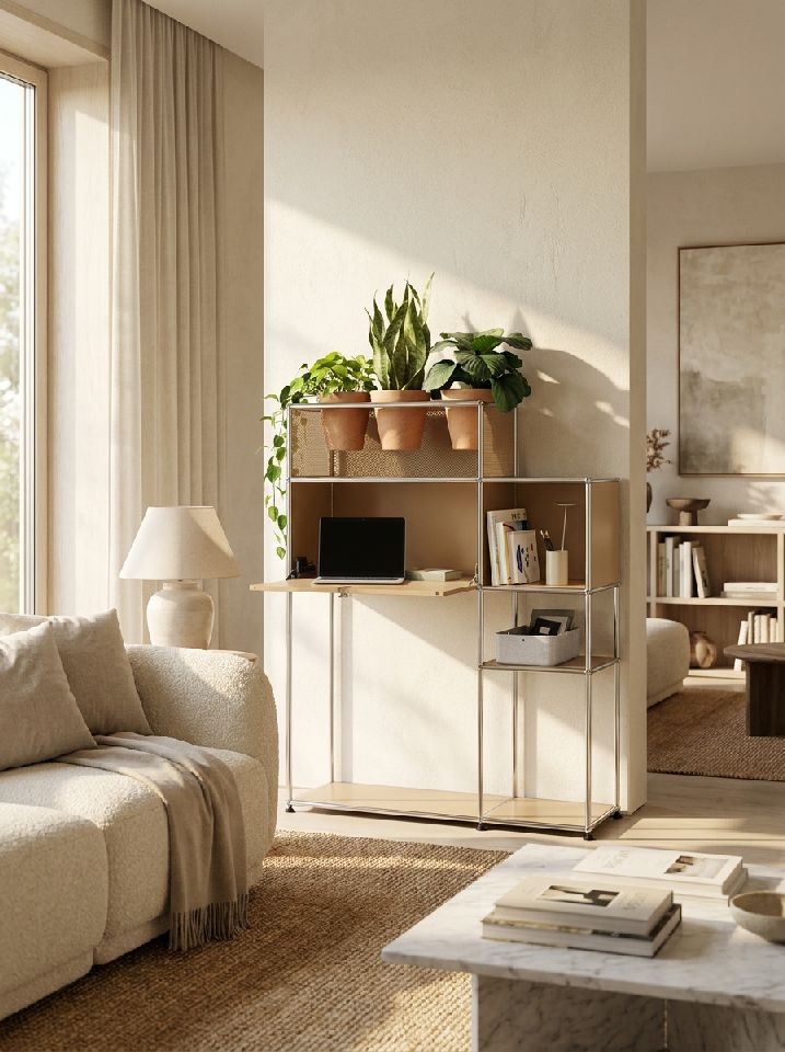 Thuiskantoor met plantenelement USM Haller goudgeel