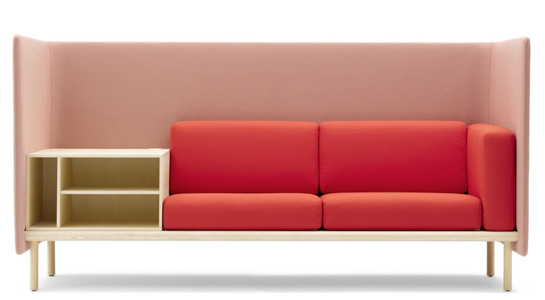 Floater Sofa von Cor, 3-Sitzer in Rot mit hellrosa Schallschutzwand und Regal.