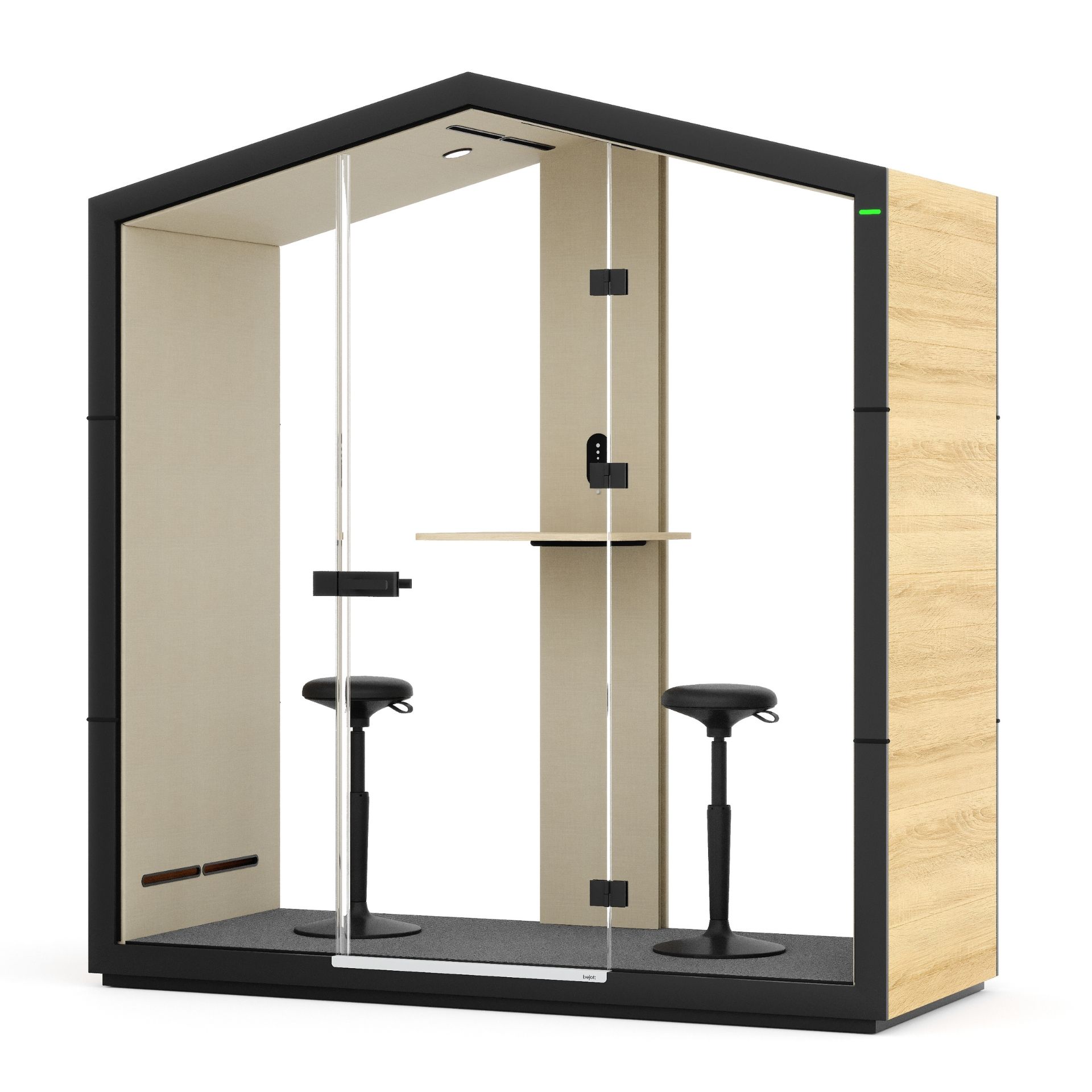 Bejot treehouse THS Akustikkabine mit zwei Hockern, Tisch und Glaswänden für Büro oder Coworking Space.