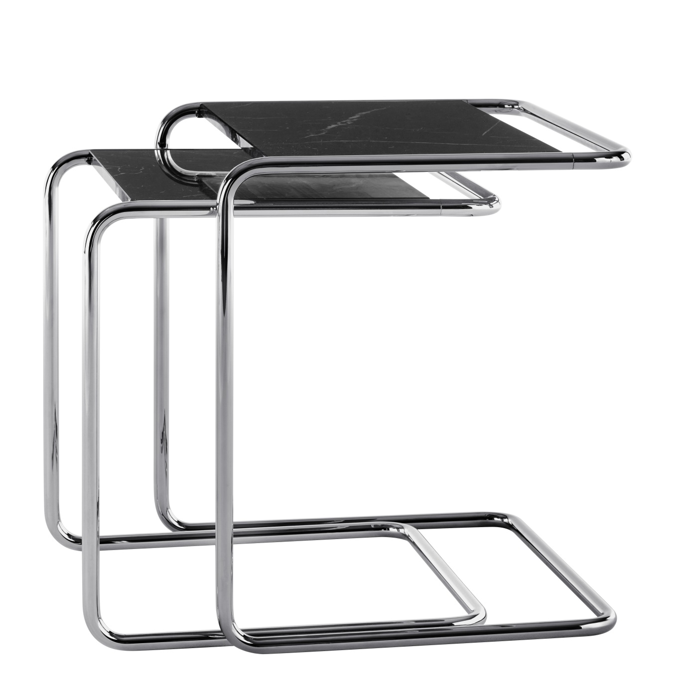 Zwei JS. Thonet B97 Beistelltische mit schwarzer Marmorplatte und verchromtem Stahlrohrgestell, modernes Design für Wohnzimmer.