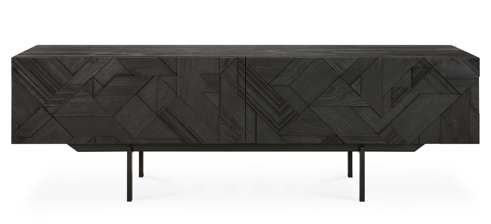 Schwarzes Graphic TV Möbel von Ethnicraft aus Teakholz mit geometrischem Muster und Metallbeinen.