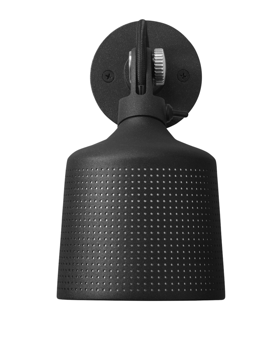 Schwarzer Vipp Wandspot mit perforiertem Lampenschirm und verstellbarer Halterung für moderne Innenbeleuchtung.