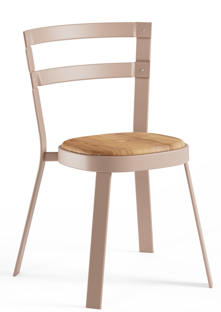 Thor Chair Stuhl von Emu für den Außenbereich, Metallrahmen in Beige mit Holzsitzfläche.