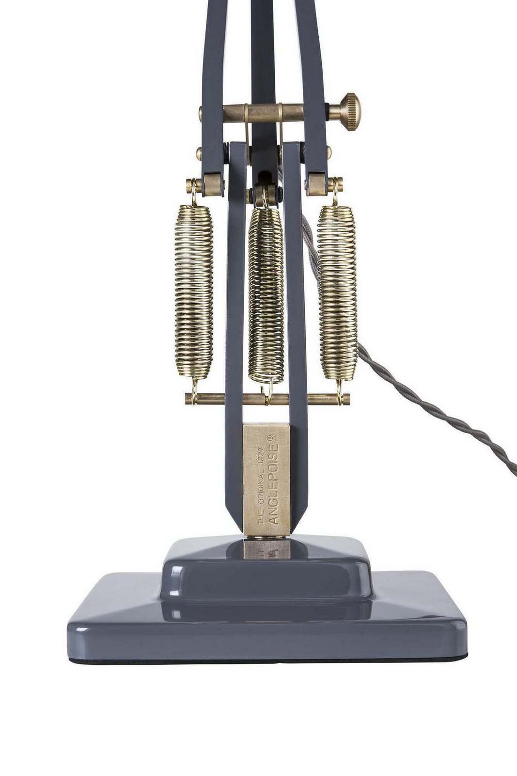 Detailaufnahme der Original 1227 Anglepoise Tischleuchte in Messing und Grau, Designklassiker.