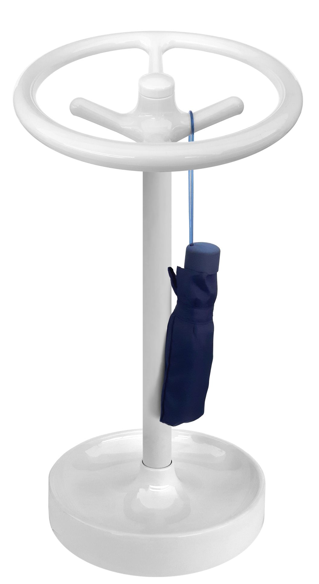 Weißer Bip Schirmständer von Rexite mit blauem Regenschirm, moderner Schirmhalter für Flur und Eingangsbereich.