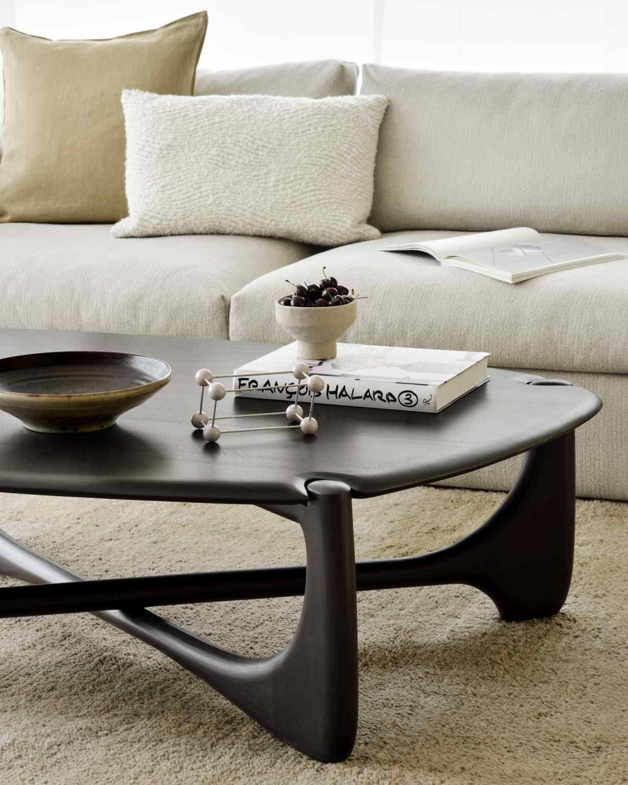 Nahaufnahme des Ethnicraft PI Coffee Table Couchtisch mit dunklem Holz, stilvollem Design und Wohnzimmer-Dekoration.