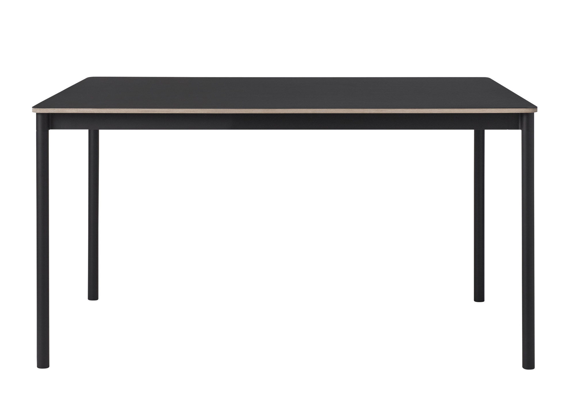 Schwarzer Muuto Tisch mit quadratischer Tischplatte und filigranem, schwarzem Metallgestell. Moderner Esstisch für Esszimmer.