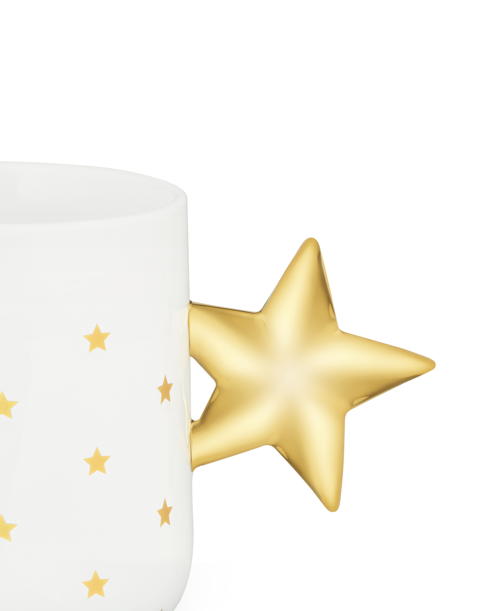 NZ01 Delight Mug Tasse von Alessi, weiße Keramiktasse mit goldenen Sternen und Stern-Henkel.
