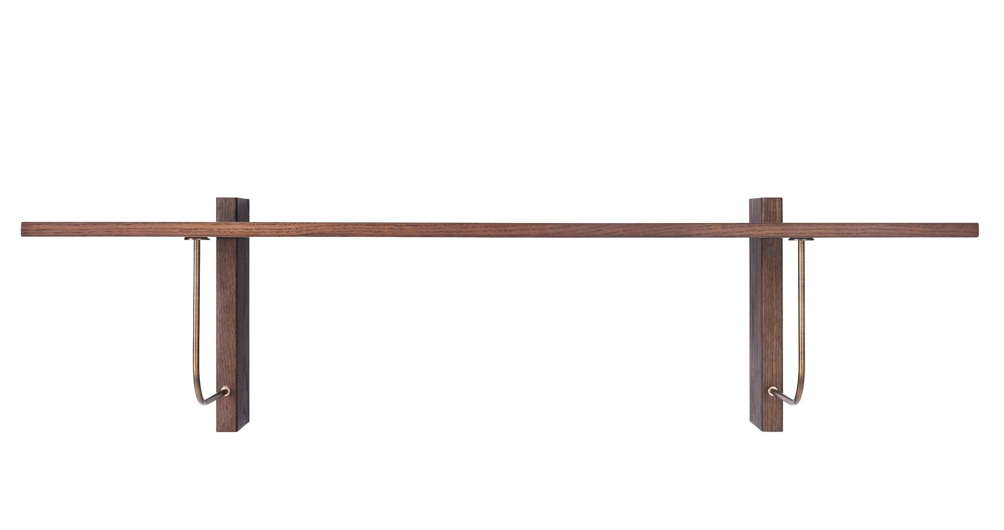 Audo Copenhagen Corbel Wall Desk Wandschreibtisch aus dunklem Holz mit Messingdetails, freigestellt auf Weiß.