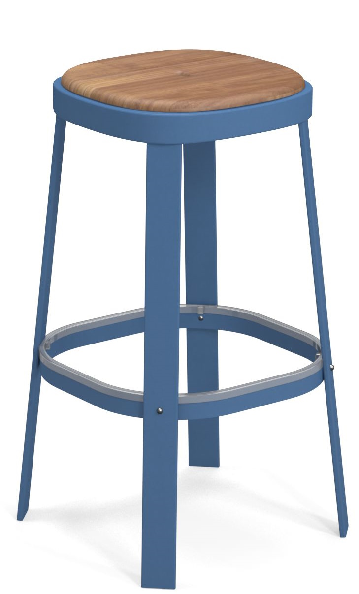 Thor Barstuhl von Emu für den Außenbereich: Blauer Barhocker mit Holz-Sitzfläche, ideal für Garten und Terrasse.