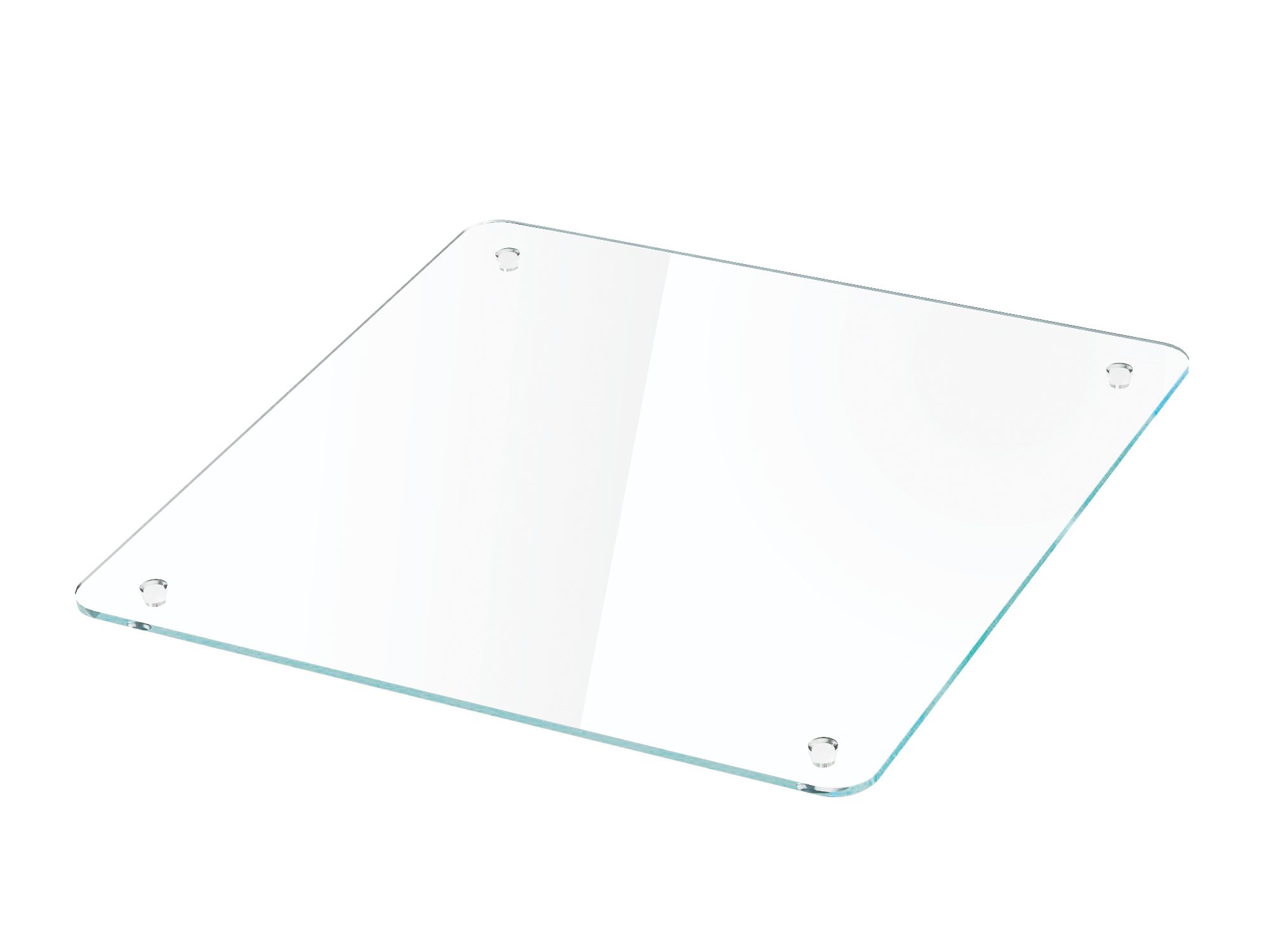 Quadratische Glasplatte mit abgerundeten Ecken und Befestigungslöchern für Möbelbau oder Tischplatten.