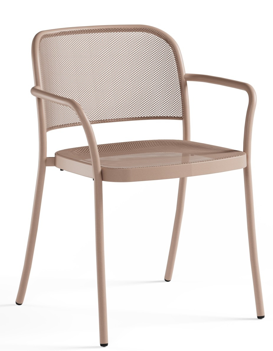 Café Armchair von Emu: Moderner Outdoor Stuhl mit Armlehnen und pulverbeschichtetem Metallgestell in Beige.