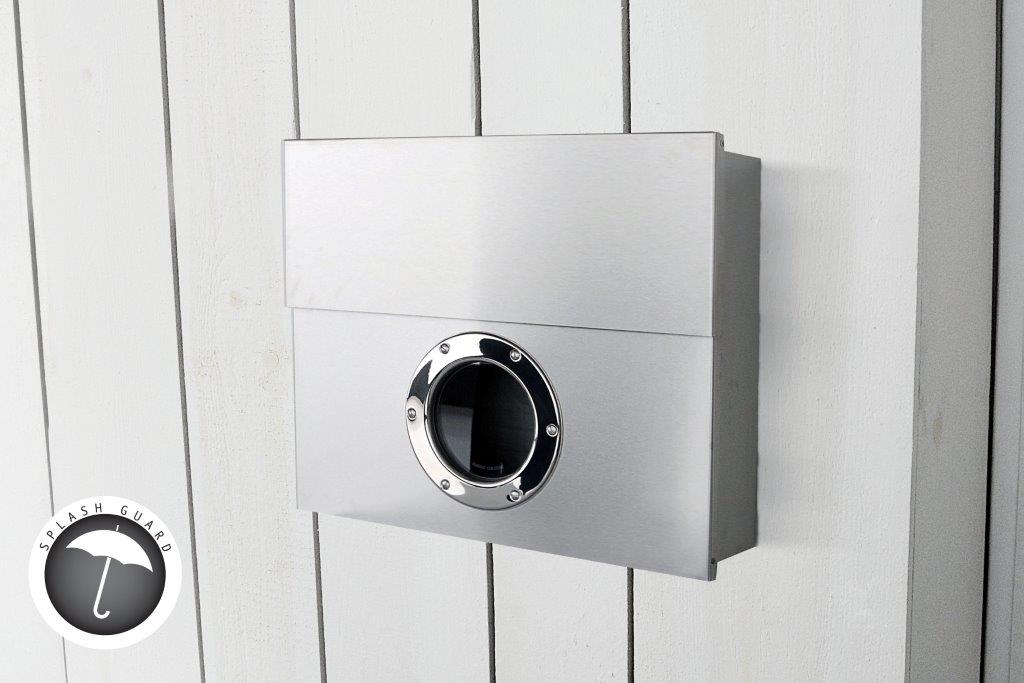 Edelstahl Briefkasten mit Sichtfenster und Klappe für Wandmontage, moderne Hauspost für Außenbereich.