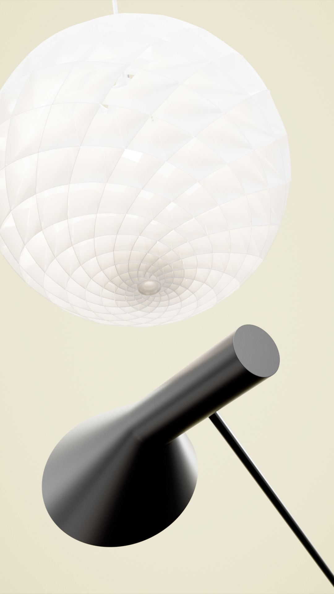 Moderne Lampen: Weiße Hängelampe mit geometrischem Muster und schwarze Schreibtischlampe für stilvolle Beleuchtung.