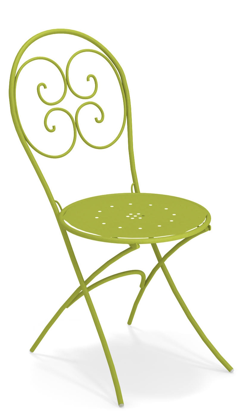 Grüner Pigalle Klappstuhl von Emu für den Garten oder Balkon, Metallstuhl mit Lochmuster.