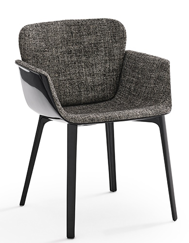 KN06 Stuhl von Knoll International mit Armlehnen, grau meliertem Stoffbezug und schwarzen Beinen.