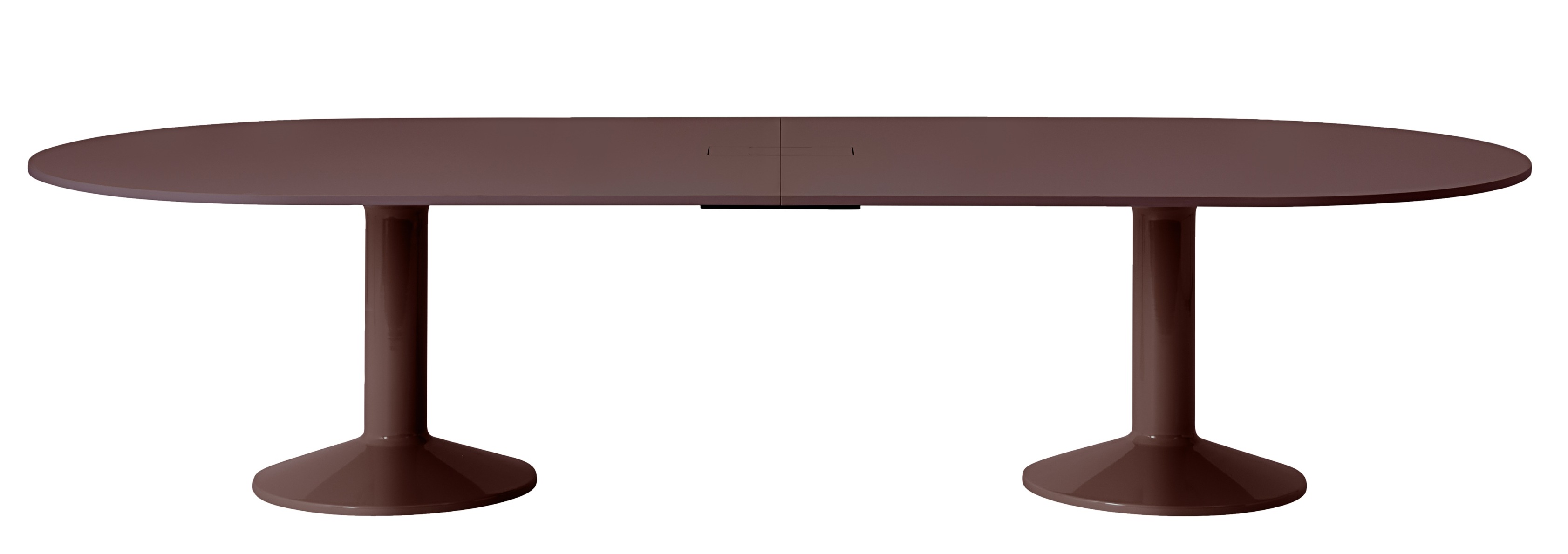 Muuto Midst Conference Table in Braun, ovaler Besprechungstisch mit zwei Säulen und Kabelmanagement.