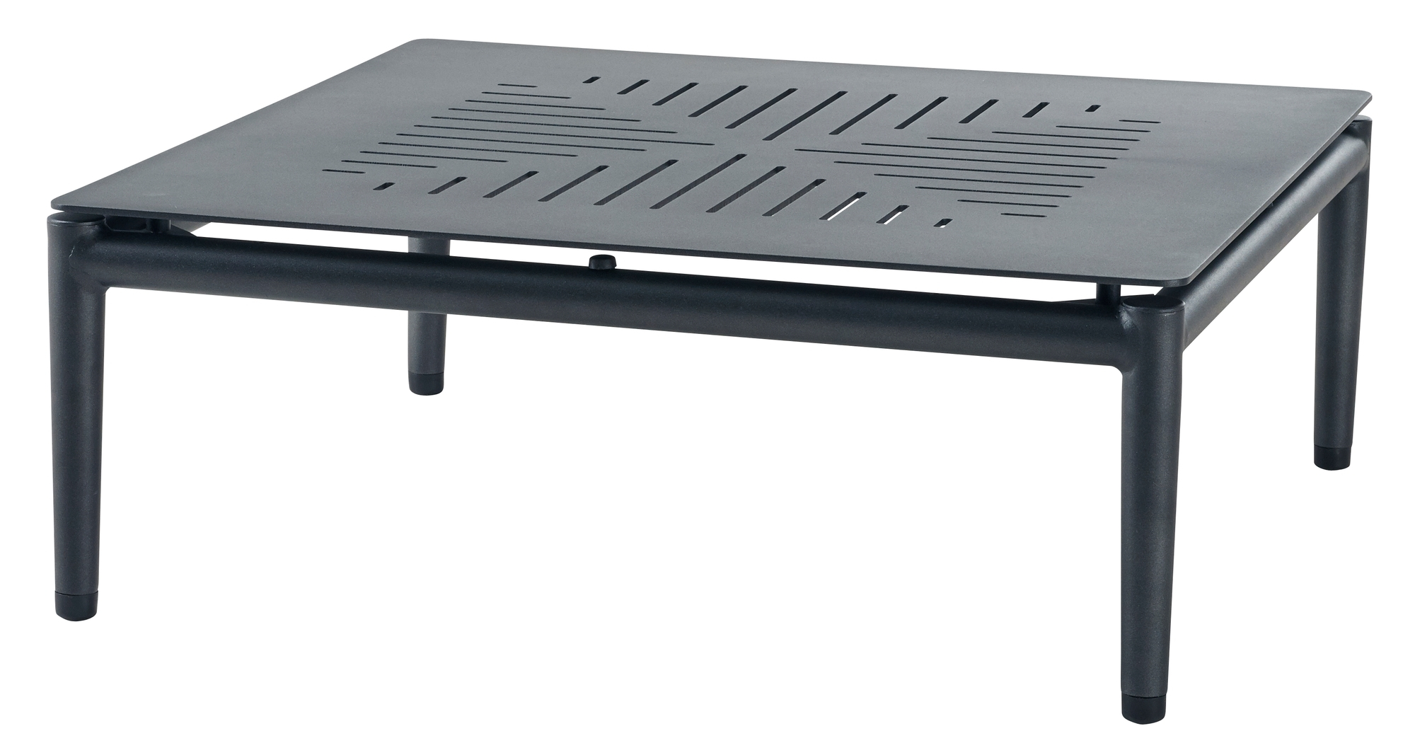Quadratischer, lava-grauer Cane-Line Outdoor Couchtisch mit modernem Design und filigranen Ausschnitten.