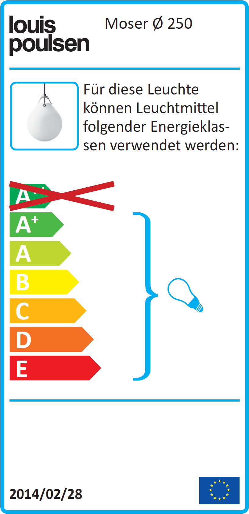 Energieeffizienzlabel für Louis Poulsen Moser Pendelleuchte, zeigt Leuchtmittel-Energieklassen A+ bis E.