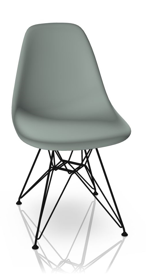Eames Stuhl DSR, hellgraue Sitzschale, schwarzes Eiffelturm-Gestell. Designklassiker von Vitra.