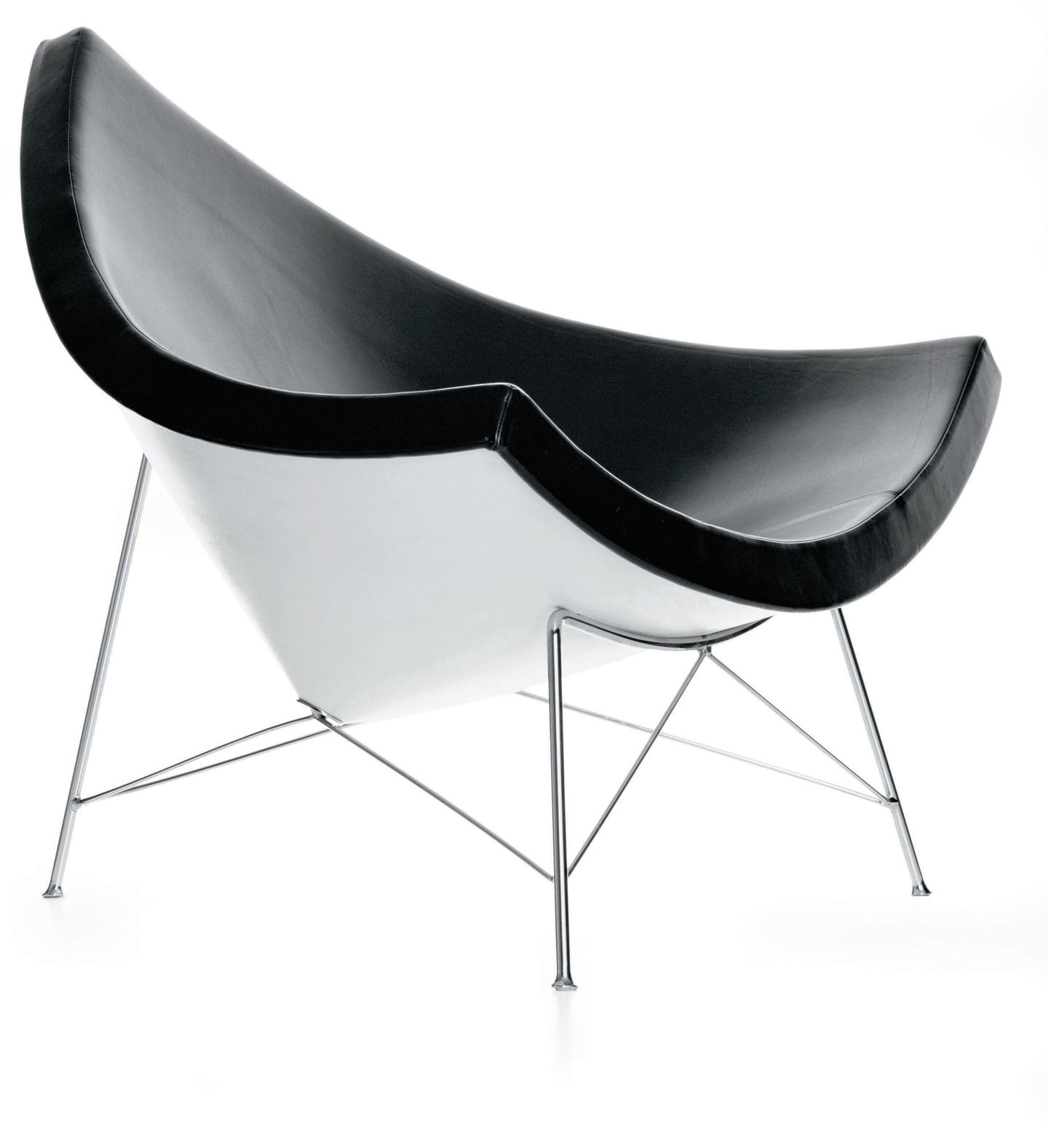 Vitra Coconut Chair in Schwarz-Weiß mit verchromtem Stahlgestell, moderner Sessel für Wohnzimmer und Büro.