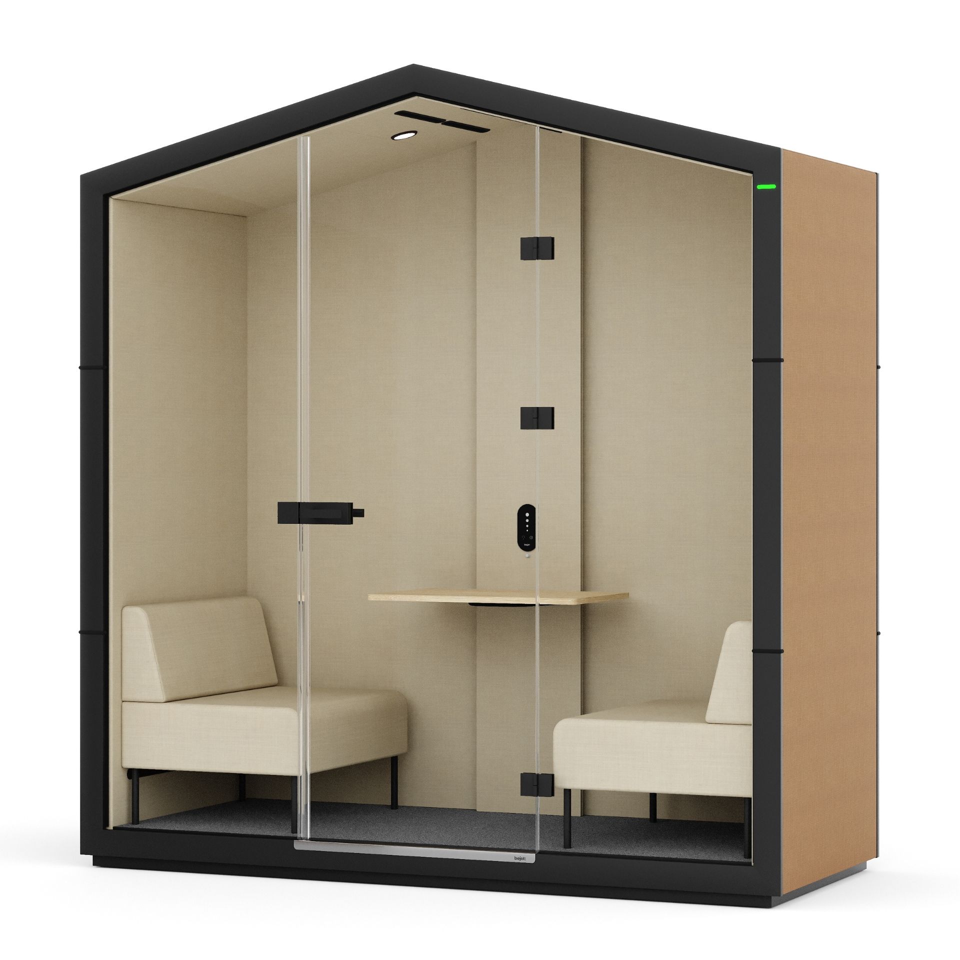 Bejot treehouse THS 2T Akustikkabine mit zwei Sitzen, Tisch und Glastür für Büro und Konferenz.