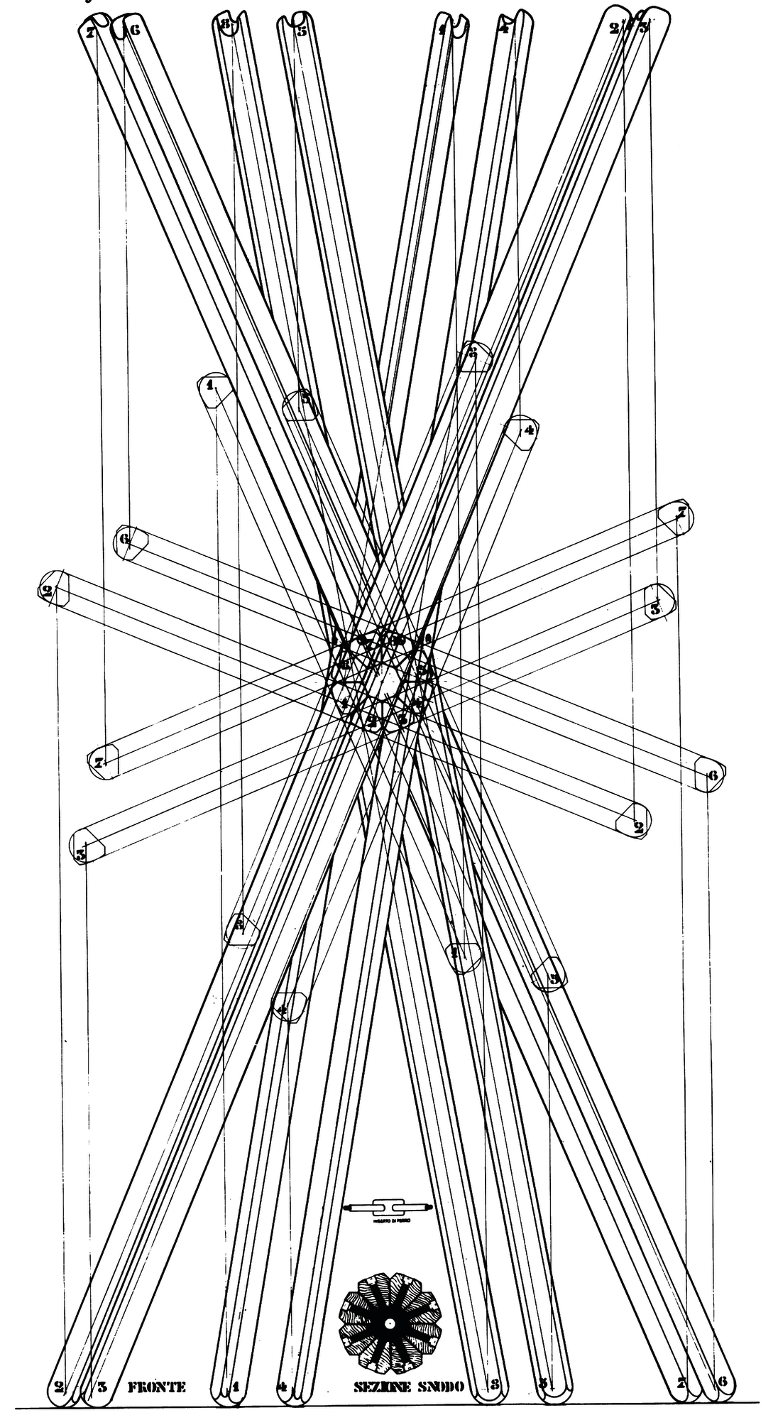 Schwarz-weiße Schemazeichnung des Sciangai Kleiderständers von Zanotta, ein Designklassiker für moderne Flure und Schlafzimmer.