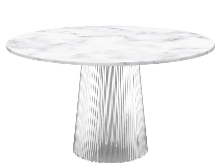 Weißer Bent Dining Table mit runder Marmorplatte und geriffeltem, transparentem Acrylfuß. Moderner Esstisch.