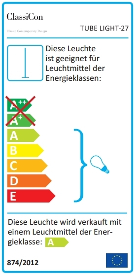 Energielabel der ClassiCon Tube Light Stehleuchte, Energieeffizienzklasse A, für energiesparende Beleuchtung.