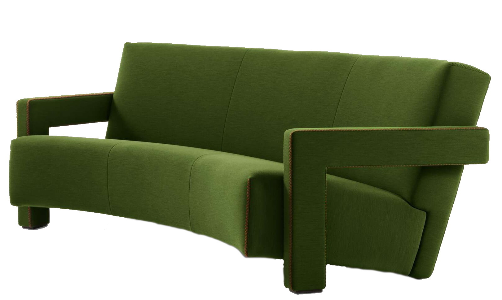 Grünes 637 Utrecht Sofa Dreisitzer von Cassina, gebogenes Design mit markanten Armlehnen und braunen Ziernähten.