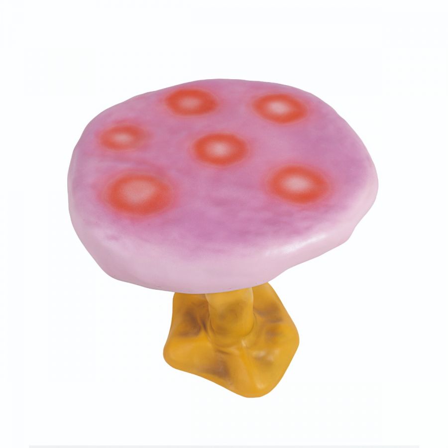 Amanita Beistelltisch von Seletti: Pilzförmiger Tisch in Rosa mit roten Punkten und gelbem Fuß.
