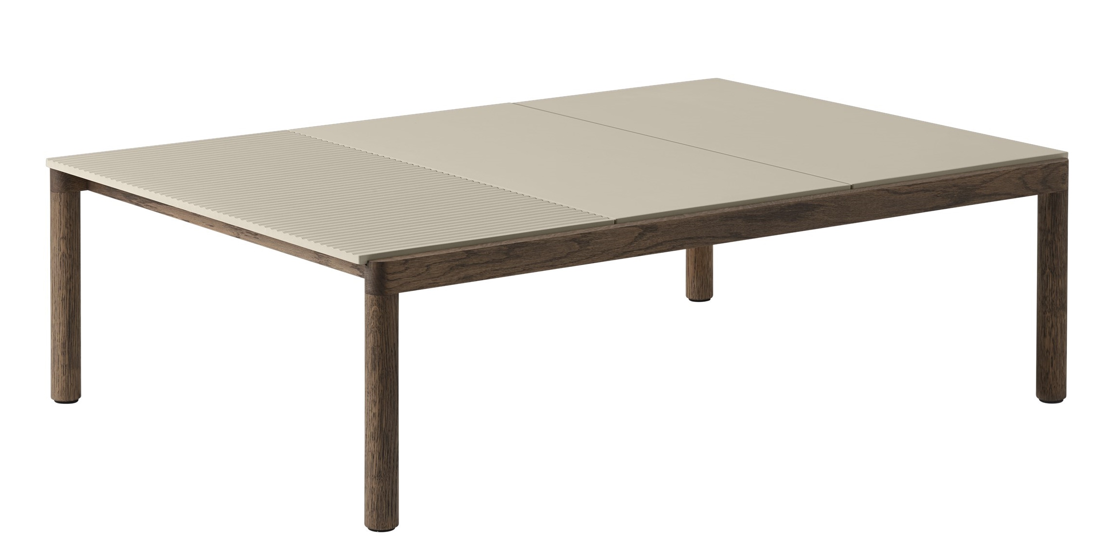 Muuto Couple Coffee Table Couchtisch mit beiger Tischplatte und dunklem Holzgestell, modernes skandinavisches Design.