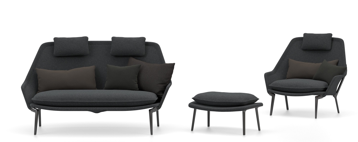 Vitra Slow Chair und Ottoman Sessel aus Stoff in Anthrazit mit Kissen.