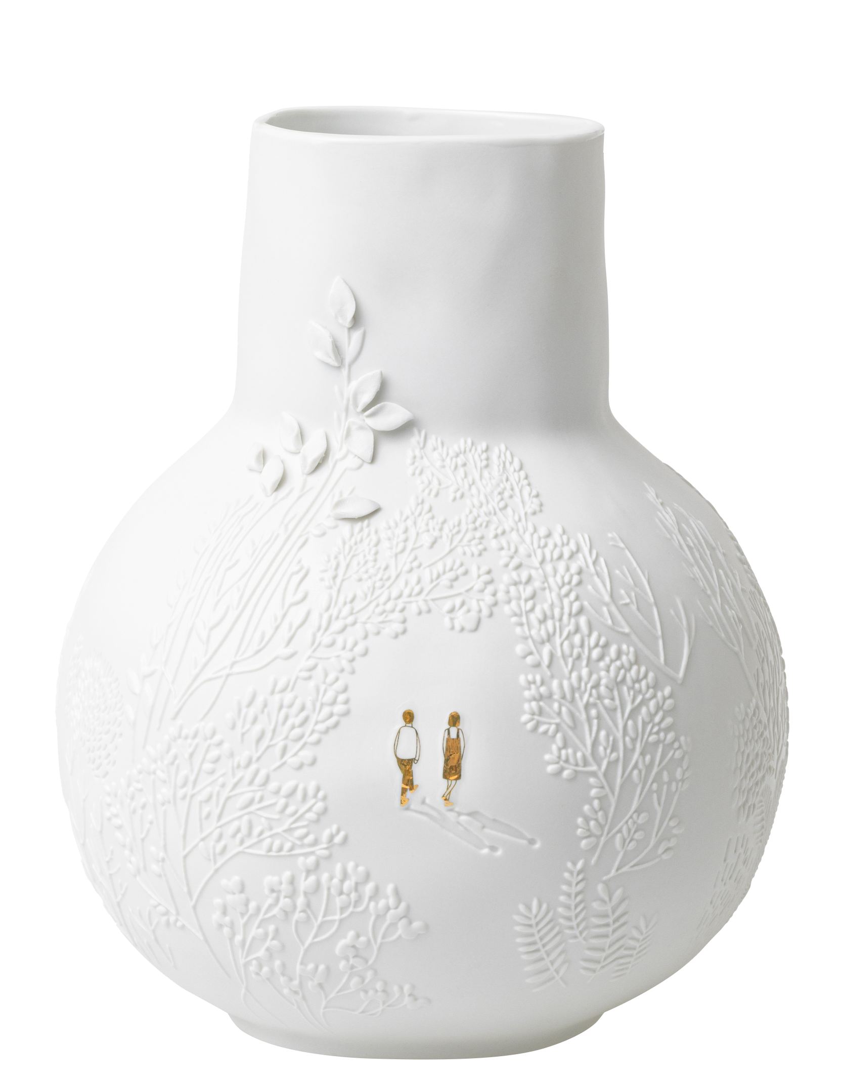 Weiße Räder Vase "Dankbare Wiese" mit filigranem Wiesen- und Figuren-Relief, elegante Blumenvase für Wohnaccessoires.