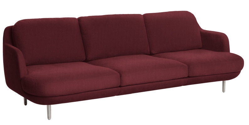 Burgunderrotes Lune Sofa von Fritz Hansen, ein modernes 3-Sitzer Sofa mit minimalistischem Design und Metallfüßen.
