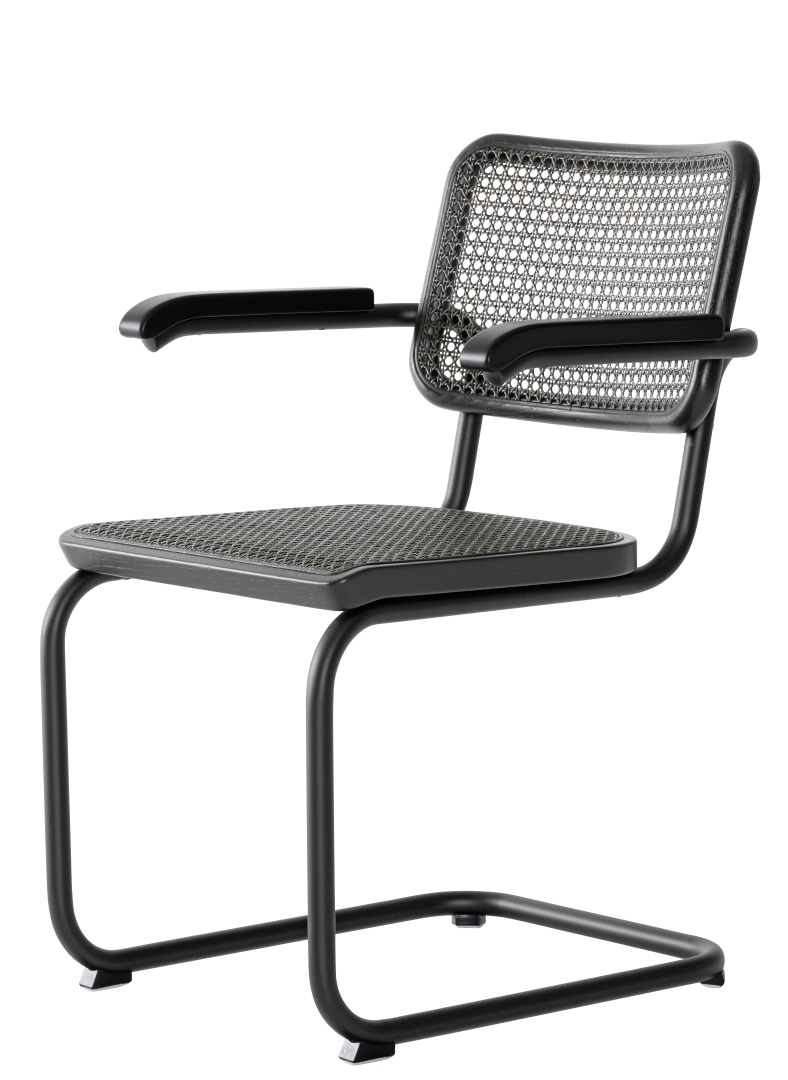 Schwarzer Thonet S 64 V Freischwinger Stuhl mit Armlehnen und Wiener Geflecht Sitz und Rückenlehne.