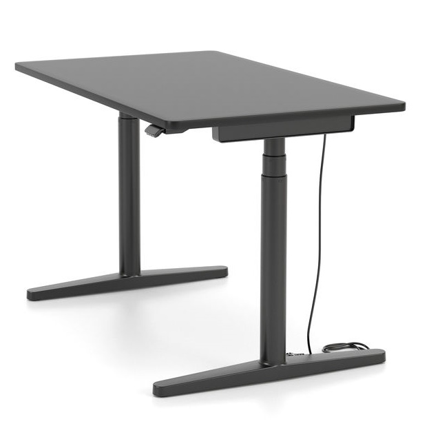 Grauer Tyde 2 Steh-/Sitztisch von Vitra, höhenverstellbarer Schreibtisch für ergonomisches Arbeiten im Homeoffice.