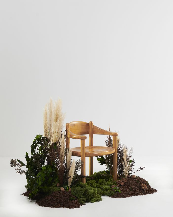 Daumiller Esszimmerstuhl von Gubi aus hellem Holz, umgeben von Pflanzen und Moos auf weißem Hintergrund.