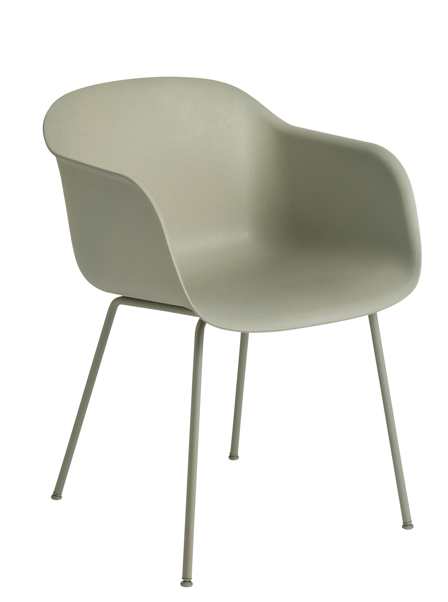 Muuto Fiber Armchair Tube Base Stuhl in sanftem Grau mit minimalistischem Stahlrohrgestell.