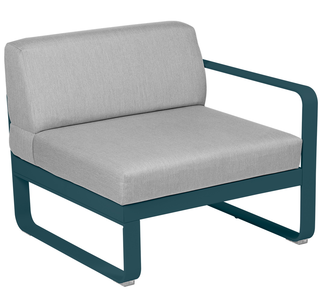 Bellevie Outdoor Sofa: Modulares 1-Sitzer Element mit Armlehne rechts, blauem Rahmen und grauen Polstern.