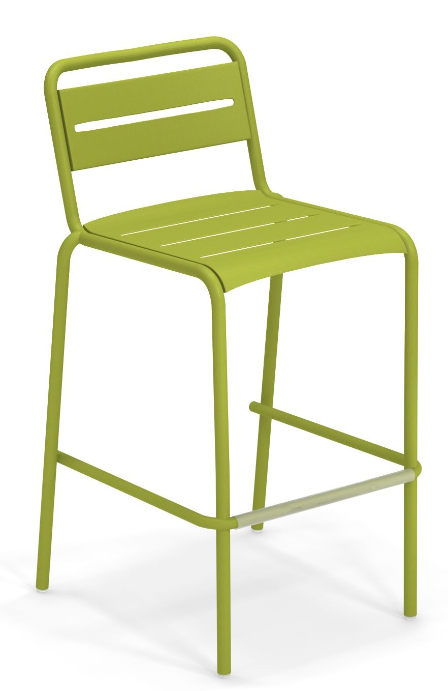 Star Barstool Barhocker Outdoor Emu, grüner Metall-Barstuhl mit Rückenlehne und Fußstütze für Garten und Terrasse.