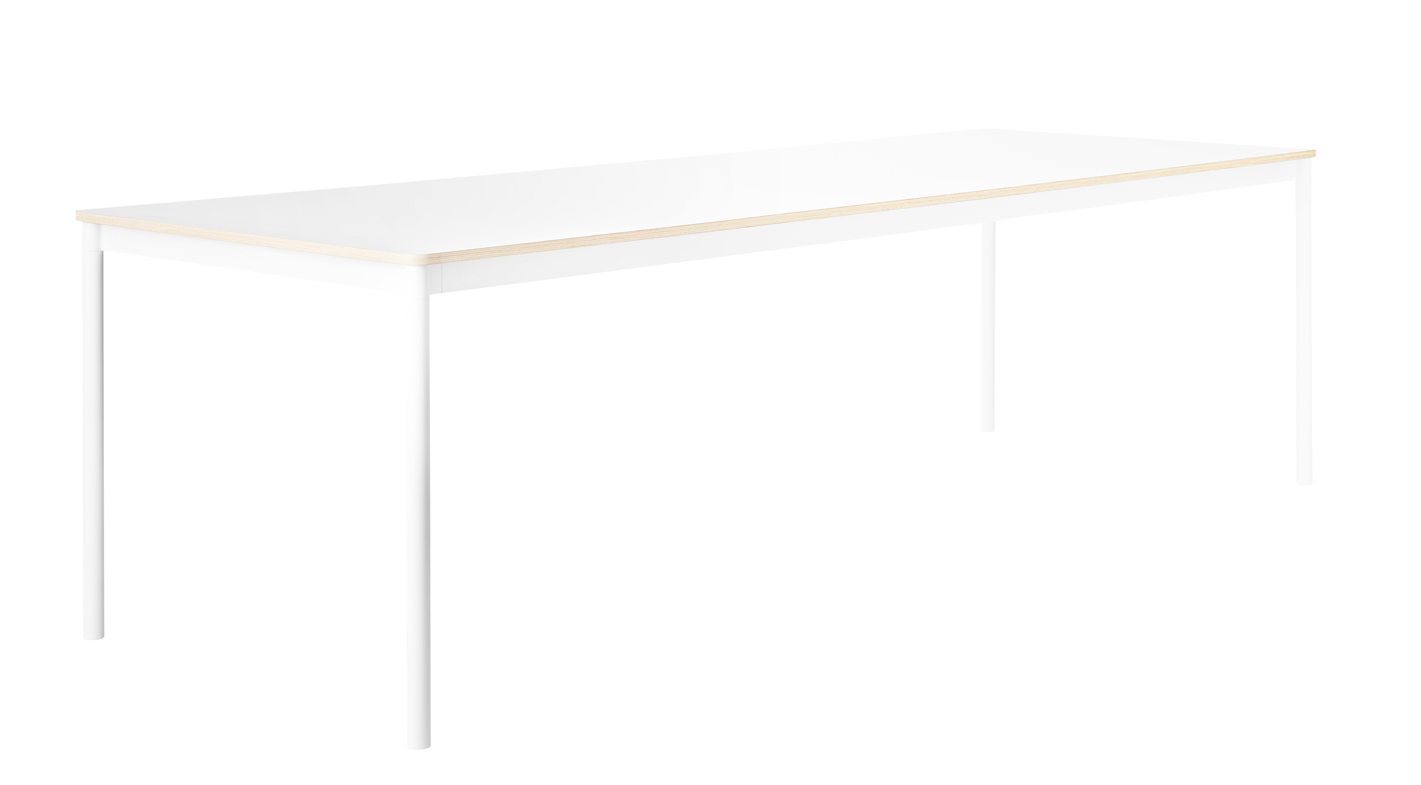 Muuto Base Table Tisch, weißer Esstisch mit Stahlbeinen und Furnierkante, modernes Design für Esszimmer und Büro.
