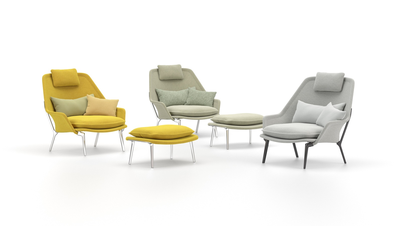Vitra Slow Chair Sessel mit Ottoman in Gelb, Beige und Grau auf weißem Hintergrund.